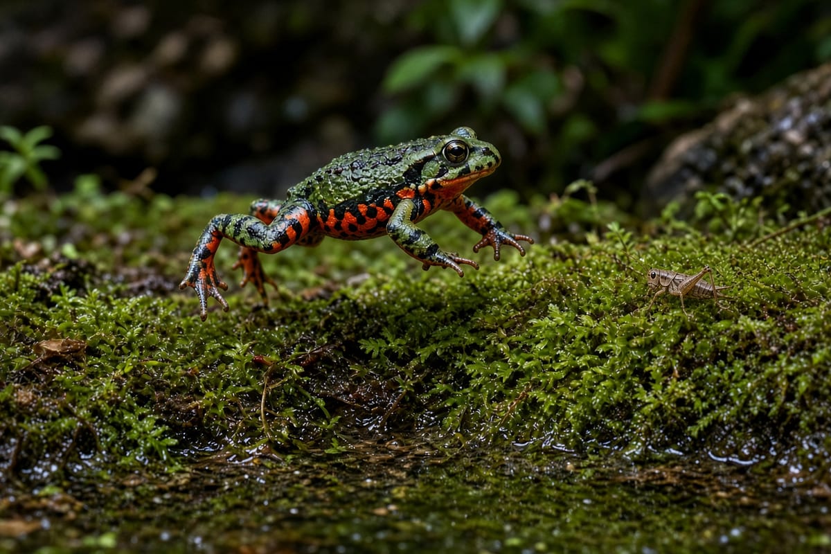 A green and black fire-bellied toad mid-leap toward a cricket on a mossy bank beside shallow water