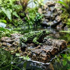Oriental fire-bellied toad displaying its red-orange warning belly at the water's edge of a paludarium