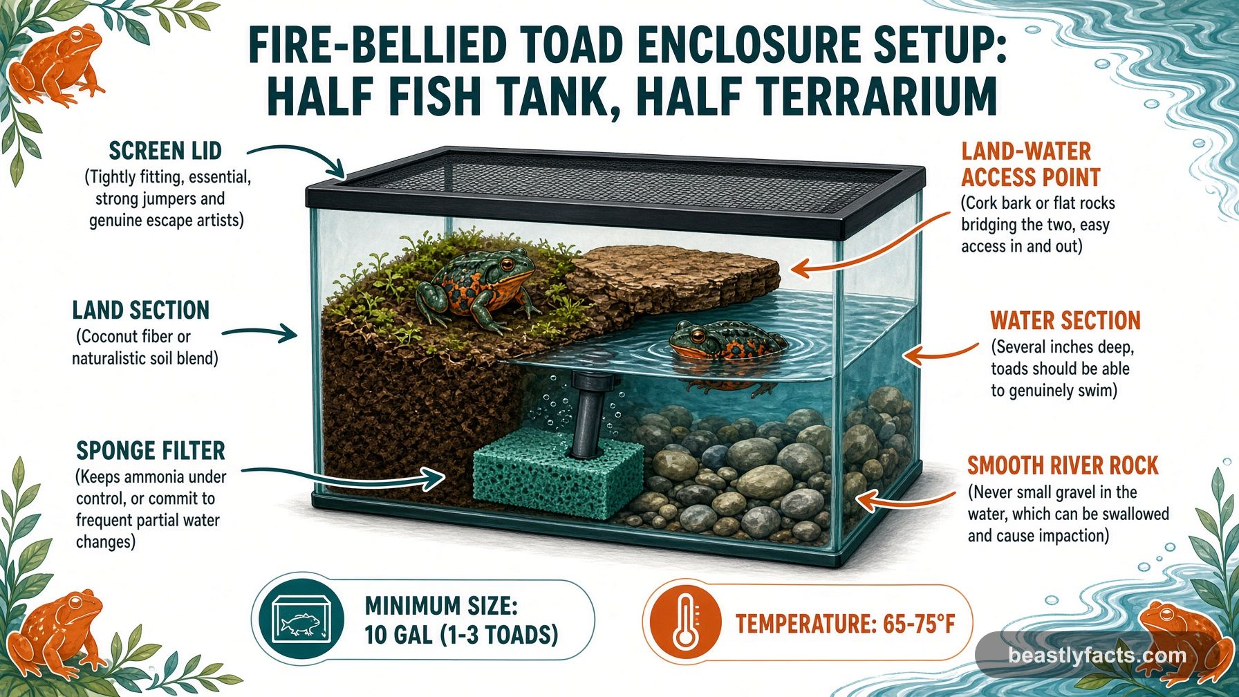 Labeled diagram of a fire-bellied toad paludarium showing the screen lid, land and water sections, sponge filter, and smooth river rock