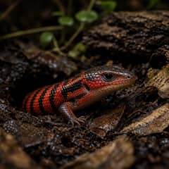 A fire skink emerging from deep leaf litter, red and black flank scales catching the light