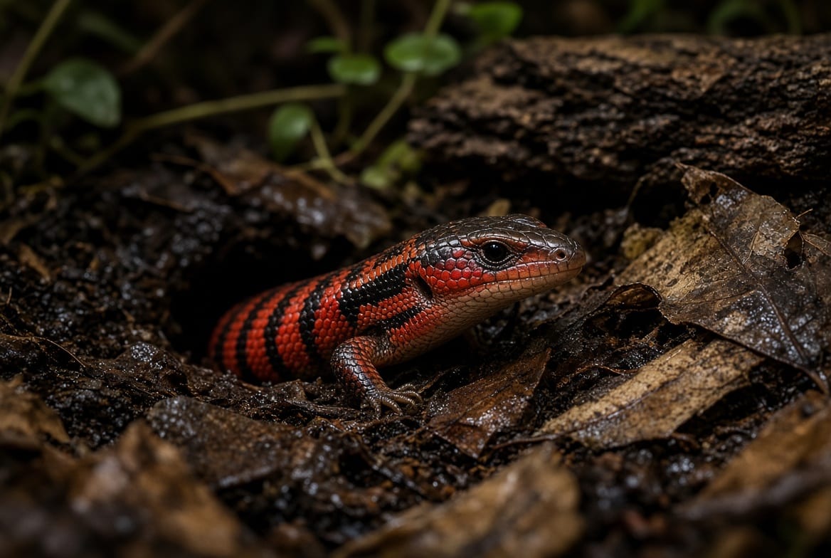 A fire skink emerging from deep leaf litter, red and black flank scales catching the light