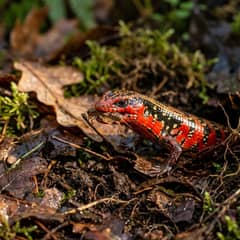A red and black fire skink emerging from leaf litter with a cricket in its jaws