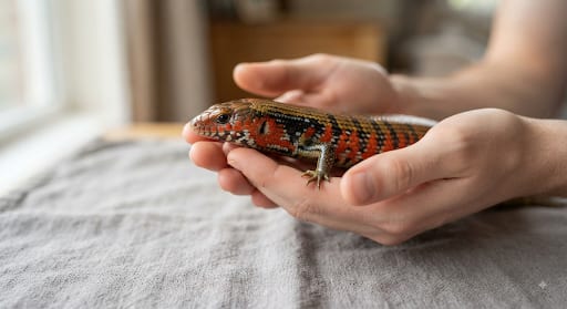 Fire skink held low over a soft surface during a gentle handling session