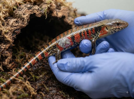 Fire skink being checked for signs of retained shed near a humid hide