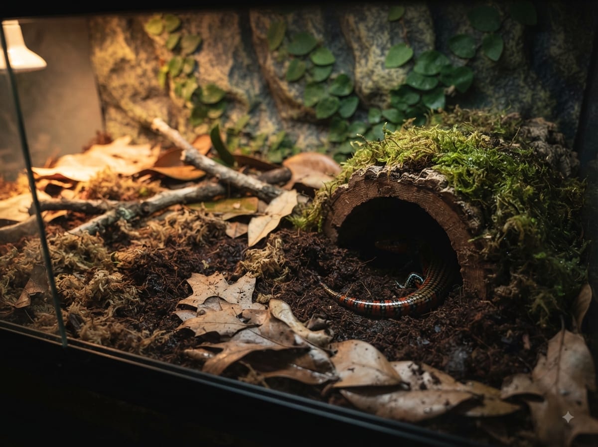 Fire skink enclosure with deep moist substrate, leaf litter, and a humid hide
