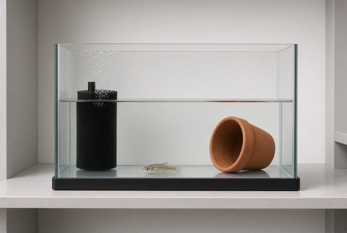 A bare 10-gallon hospital tank with a sponge filter and heater set up beside a display aquarium for quarantining a new fish