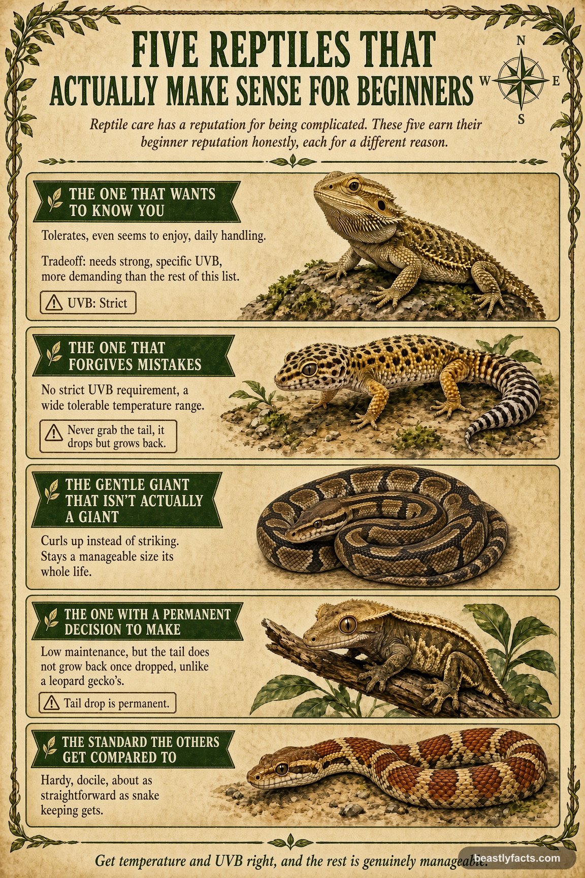 Portrait infographic comparing a bearded dragon, leopard gecko, ball python, crested gecko, and corn snake, showing what makes each one beginner-friendly