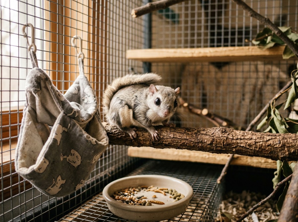 Flying squirrel sitting next to its cage and everyday supplies
