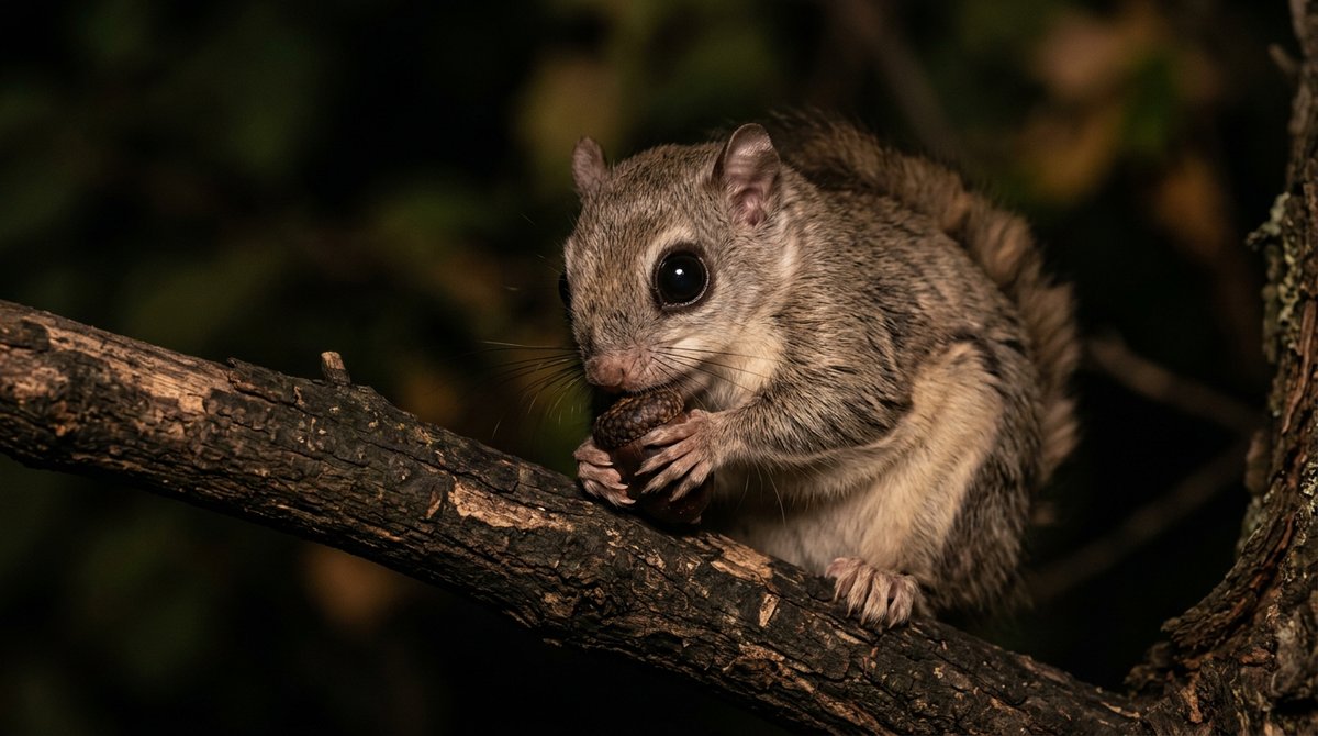 A flying squirrel eating a calcium-dusted mealworm while gripping a branch