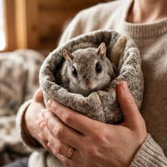 Person carrying a flying squirrel against their body in a bonding pouch