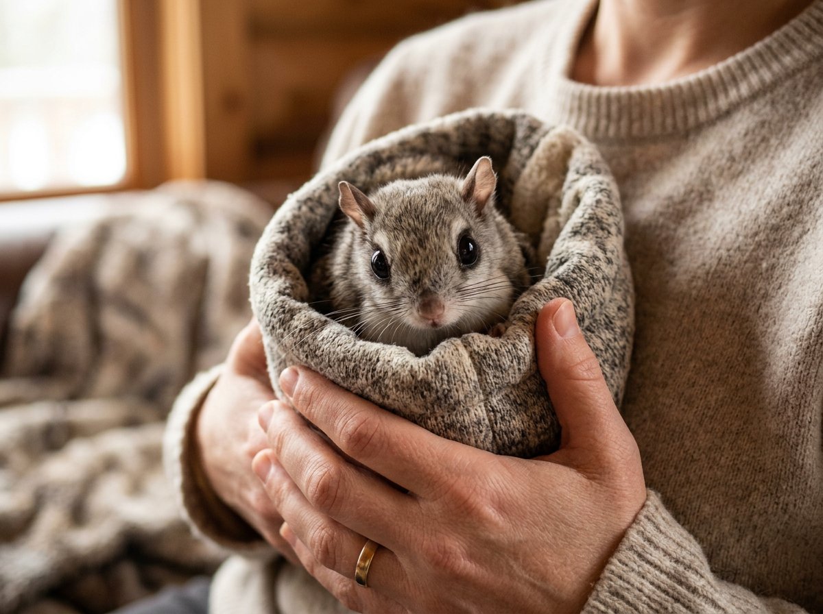 Person carrying a flying squirrel against their body in a bonding pouch