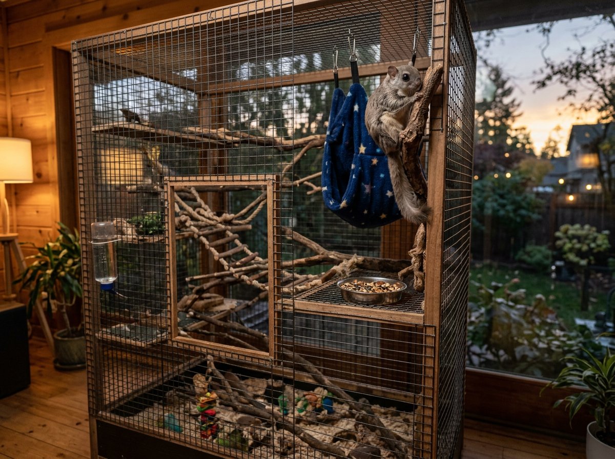 Flying squirrel cage with tall vertical climbing space, sleeping pouches, and an exercise wheel