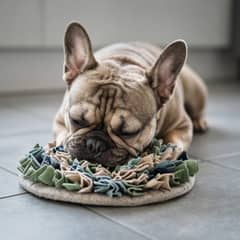 A french bulldog working a snuffle mat indoors on a cool floor