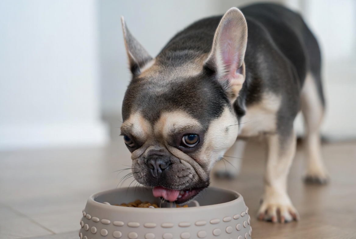 French Bulldog eating from a slow-feeder bowl