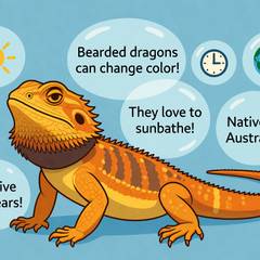 Colorful bearded dragon illustration with fun fact icons
