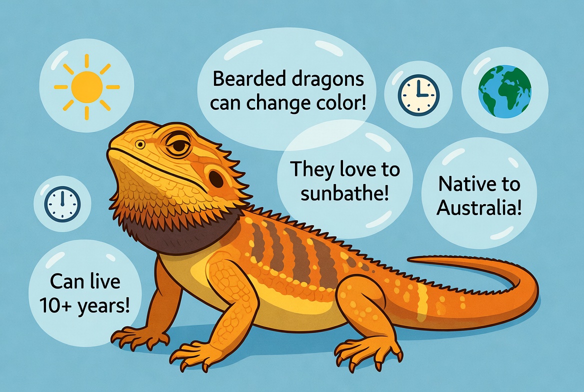 Colorful bearded dragon illustration with fun fact icons