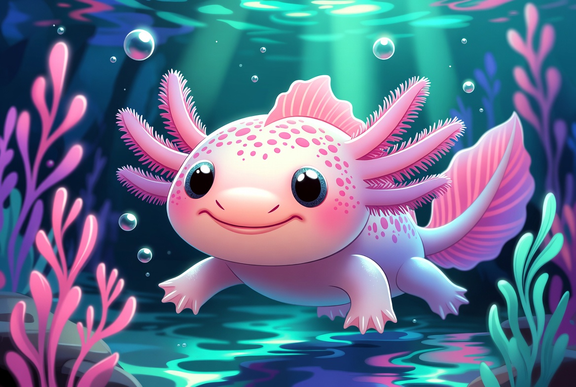 Cute illustration of a smiling axolotl with feathery gills