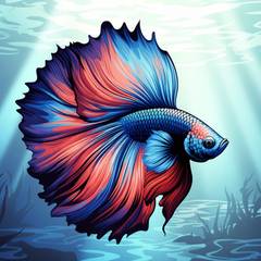 Vibrant illustration of a betta fish with flowing blue and red fins