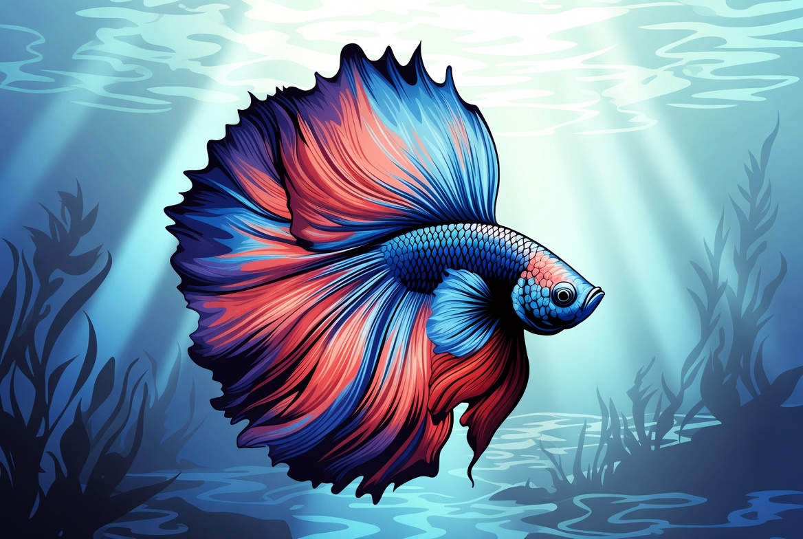 Vibrant illustration of a betta fish with flowing blue and red fins