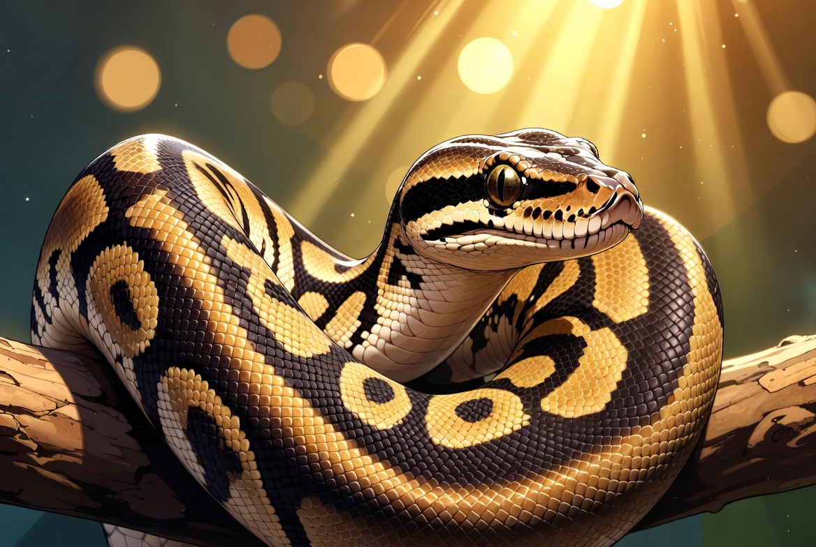 Illustration of a coiled boa constrictor on a branch in warm light