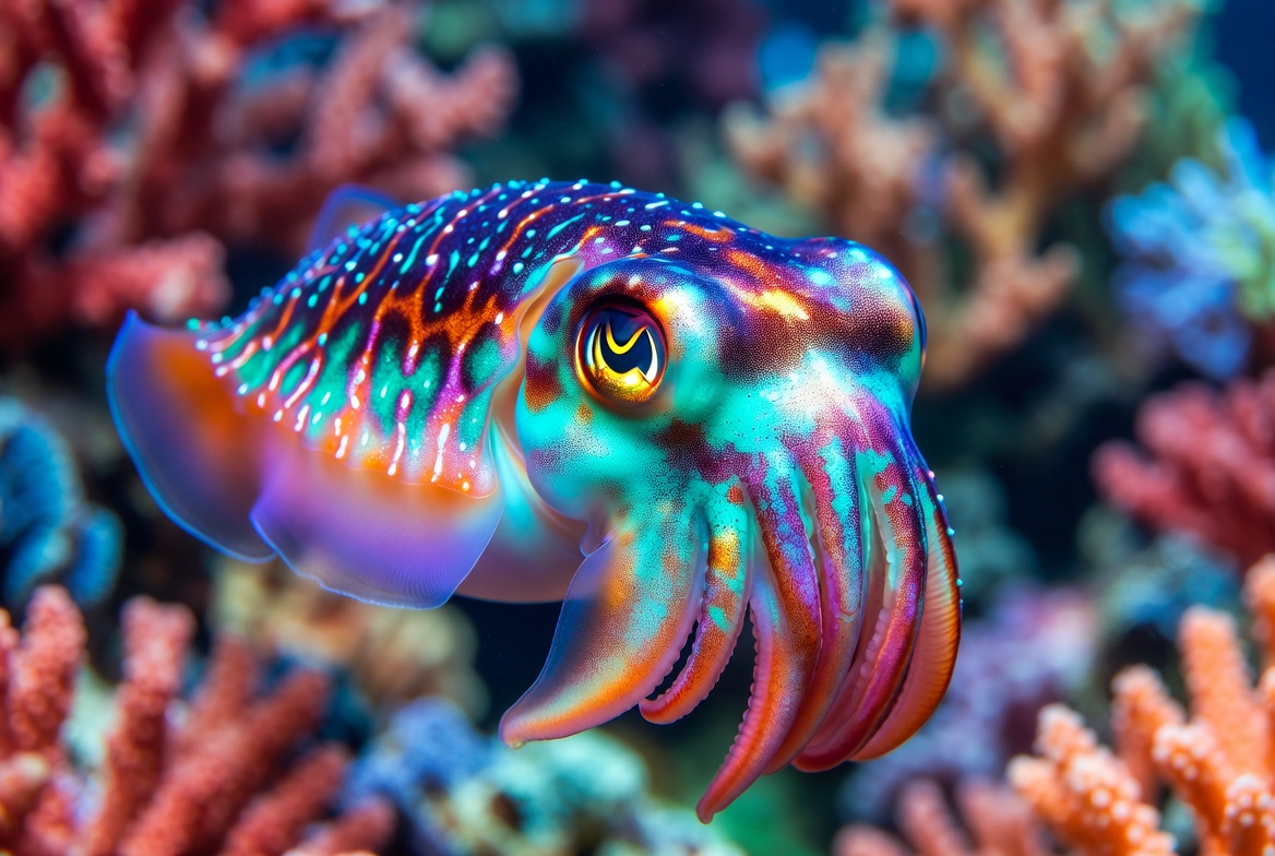 Vibrant illustration of a cuttlefish showing colorful patterns