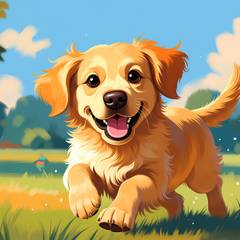 Friendly illustration of a golden retriever with a toy
