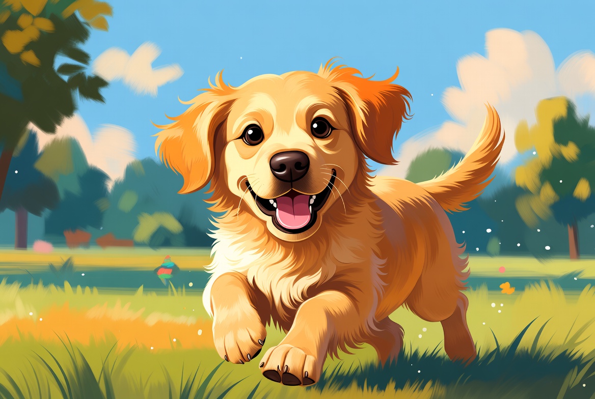 Friendly illustration of a golden retriever with a toy