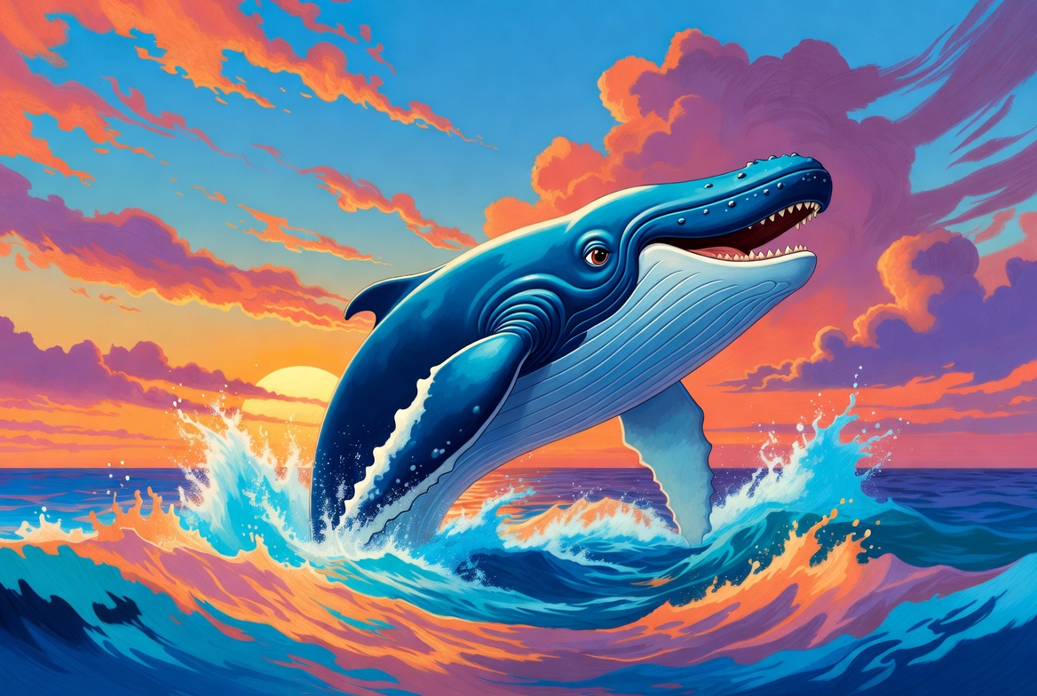 Illustration of a humpback whale breaching at sunset