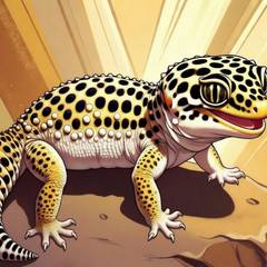 Cute illustration of a smiling leopard gecko perched on a rock