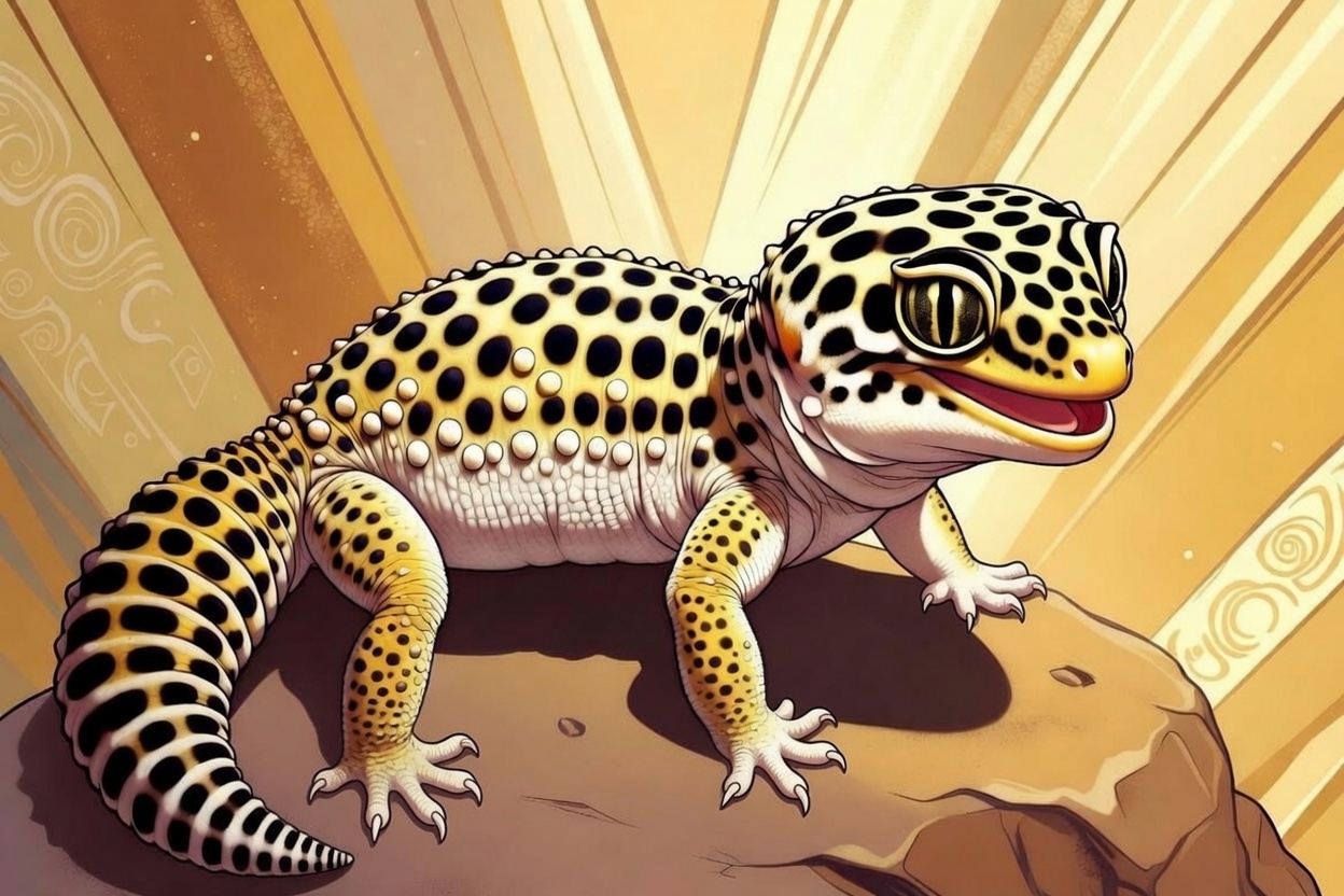 Cute illustration of a smiling leopard gecko perched on a rock