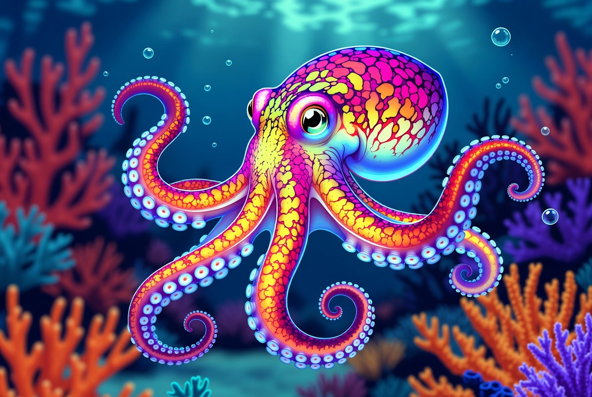Vibrant illustration of a colorful octopus in a coral reef