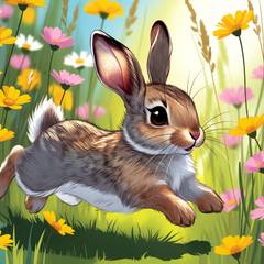 Playful illustration of a happy rabbit mid-binky