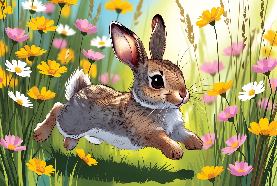 Playful illustration of a happy rabbit mid-binky