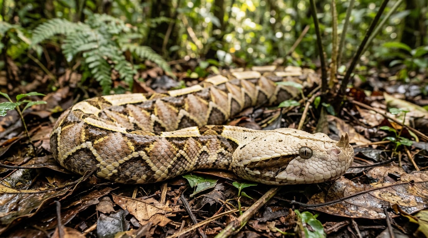 A Gaboon viper resting in rainforest leaf litter, its geometric brown and cream pattern blending into the dead leaves