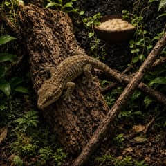 A gargoyle gecko gripping a vertical cork slab in a densely planted vivarium