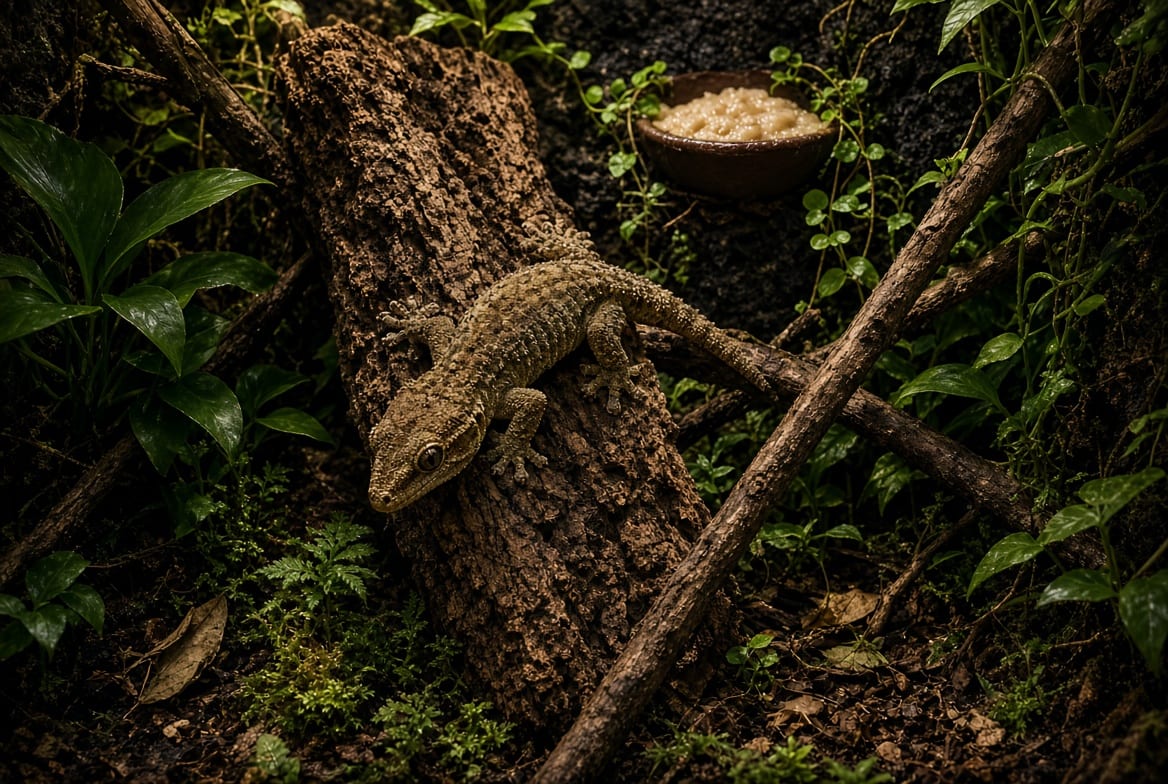 A gargoyle gecko gripping a vertical cork slab in a densely planted vivarium