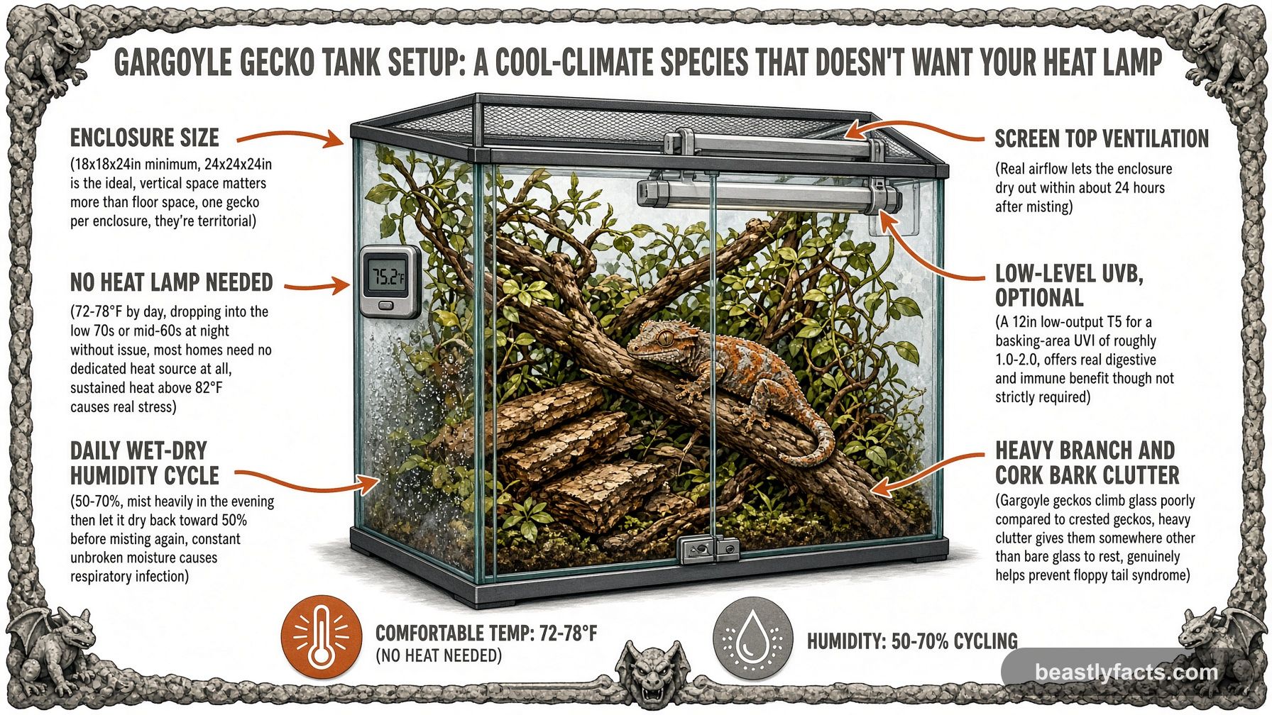 Labeled diagram of a gargoyle gecko enclosure showing no heat lamp, a daily wet-dry humidity cycle, and heavy branch and cork bark clutter