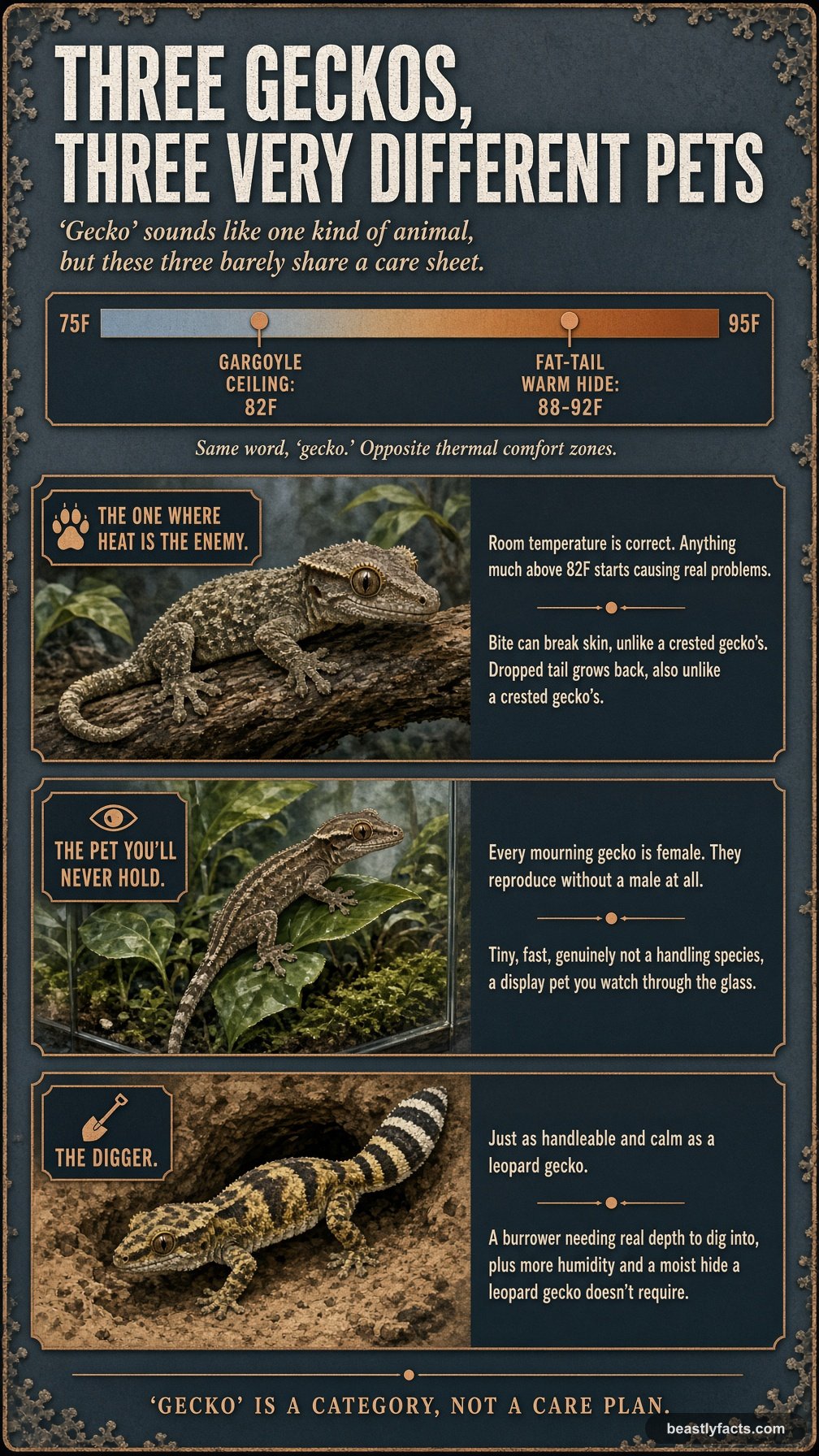 Portrait infographic comparing a gargoyle gecko, mourning gecko, and African fat-tailed gecko, including a temperature strip showing their opposite thermal comfort zones