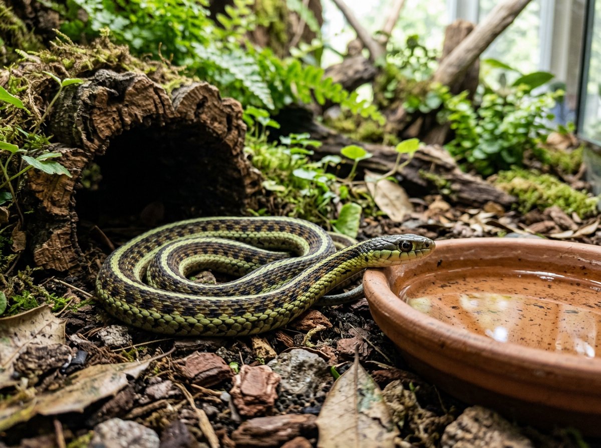 Common garter snake in an enclosure with a large soaking dish