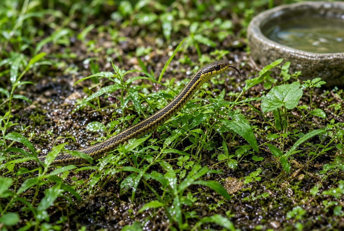 A garter snake tongue-flicking as it moves through dense low planting
