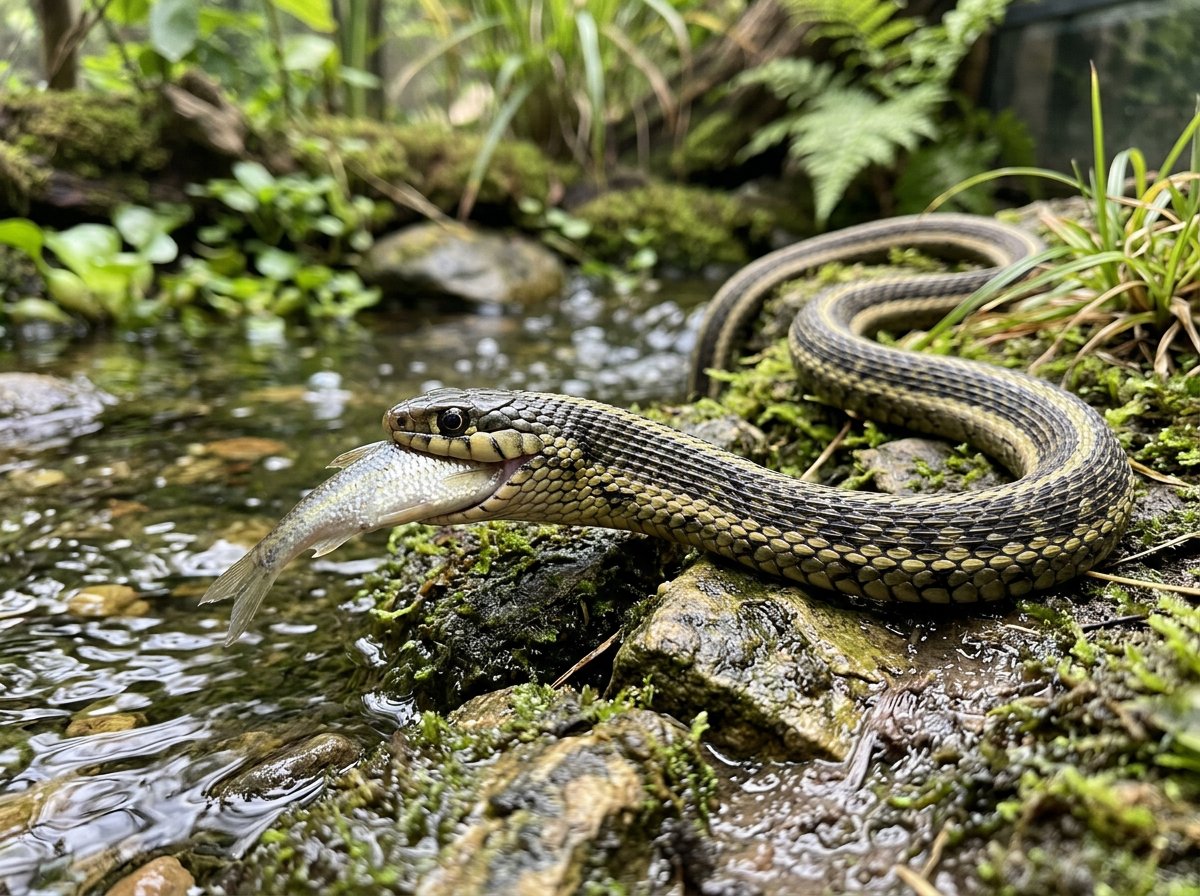 Common garter snake investigating a piece of thawed fish in its enclosure