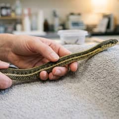 Common garter snake being gently supported across two hands