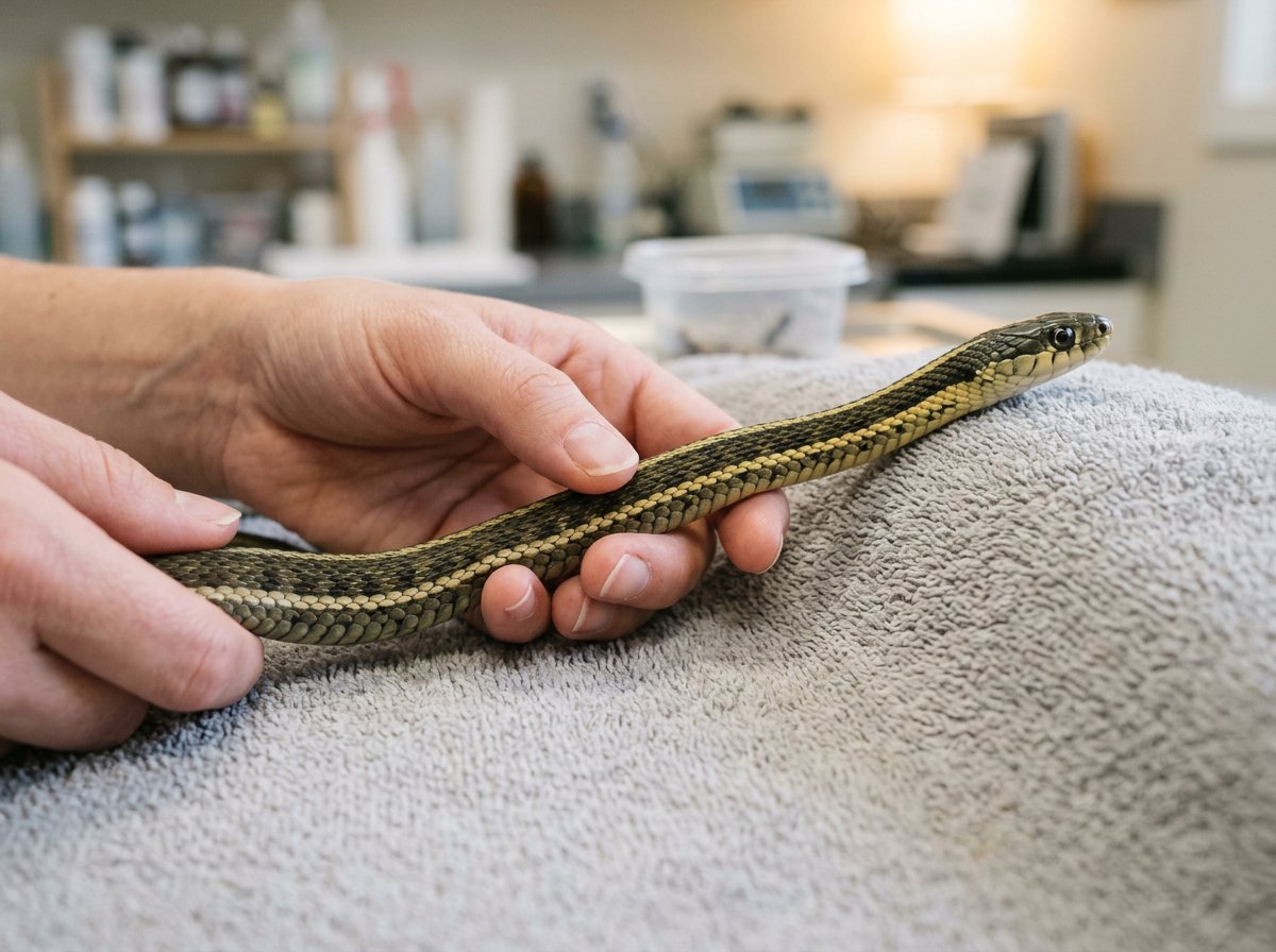 Common garter snake being gently supported across two hands