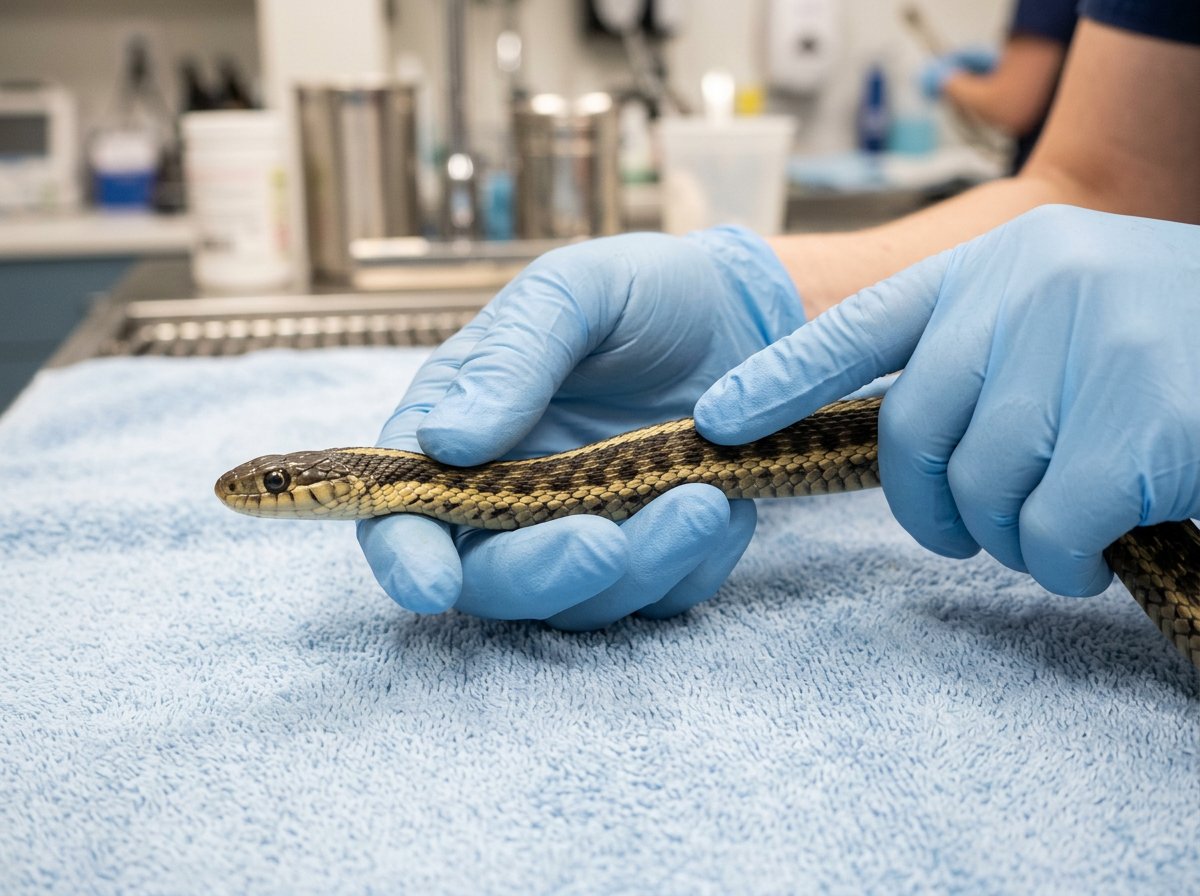 Common garter snake being examined for signs of illness