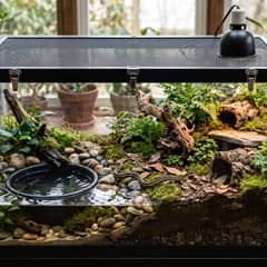 Common garter snake enclosure with a large water feature, hides, and basking area