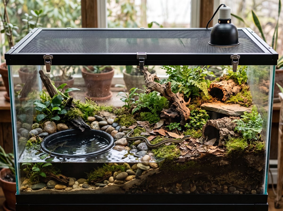 Common garter snake enclosure with a large water feature, hides, and basking area