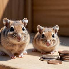 Two gerbils sitting together beside a small stack of coins