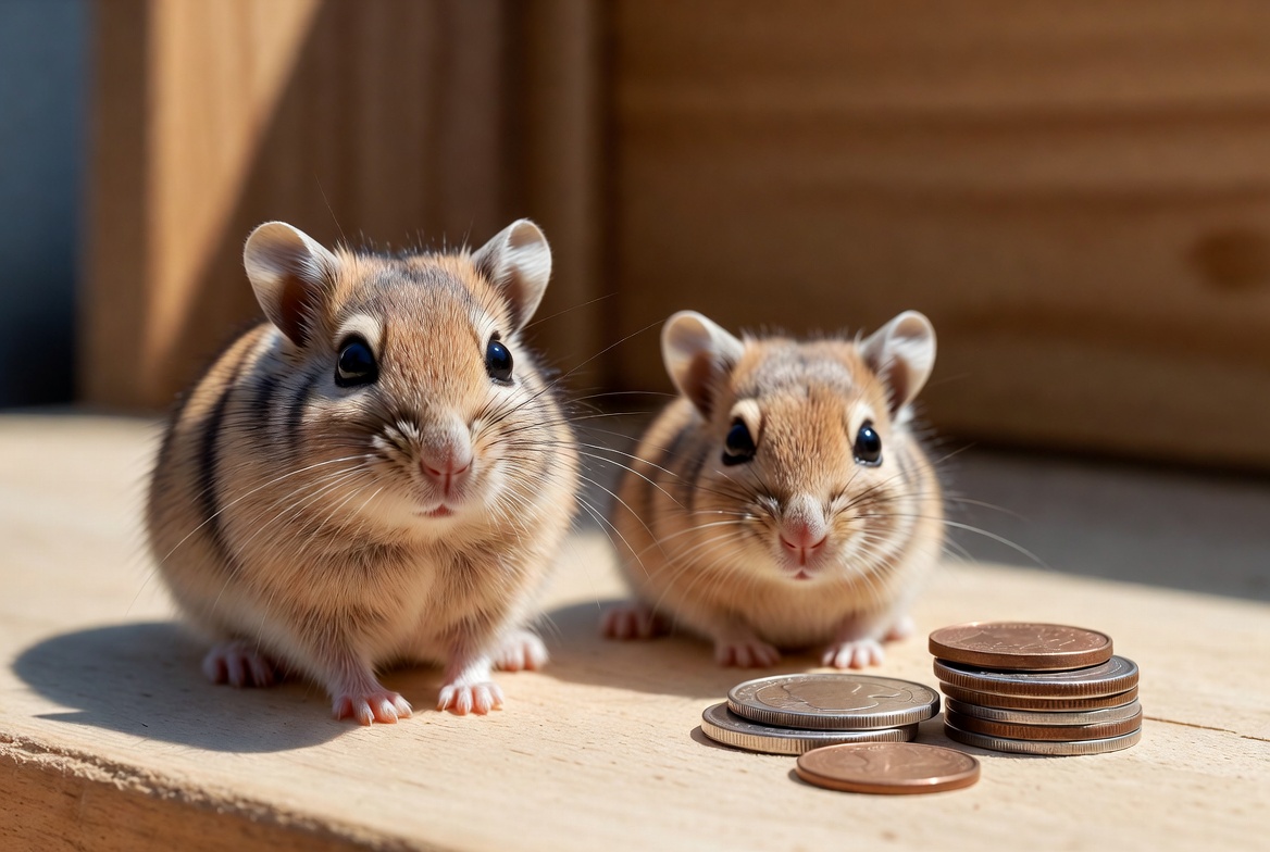 Two gerbils sitting together beside a small stack of coins