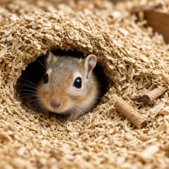 A gerbil emerging from a tunnel entrance in deep bedding, sand and chew sticks nearby