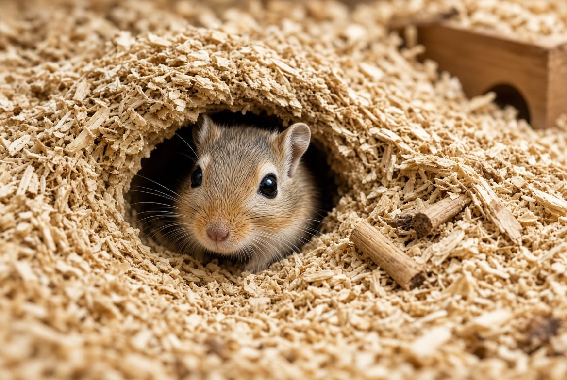 A gerbil emerging from a tunnel entrance in deep bedding, sand and chew sticks nearby